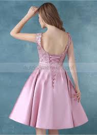 Mauve Satin Lace Corset Back Short Prom Dress Cocktail Dress Lace Dresses Casual Cocktail Dress