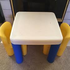This plastic kids table and chairs can be used inside or outside and wipes clean with a damp cloth. Find More Little Tikes Step 2 Table And Yellow Chairs Set For Sale At Up To 90 Off