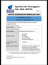 Contextual translation of notis pemotongan bekalan air into english. Notis Gangguan Bekalan Air Berjadual Satu Daerah Setiu