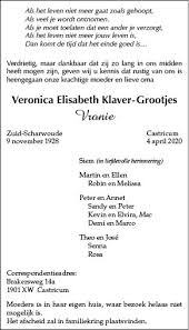 Overleden Veronica Elisabeth Klaver Grootjes 9 11 1928 04 04 2020