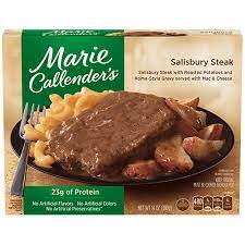 They are frozen dinners that serve 4 and can be heated in the microwave in less than 15 minutes of in the oven in about an hour. Salisbury Steak Marie Callender S
