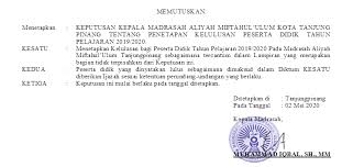 Menjadi dasar program pokok sekolah/madrasah; Surat Keputusan Kepala Madrasah Aliyah Miftahul Ulum Kota Tanjungpinang Tentang Penetapan Kelulusan Peserta Didik Tahun Pelajaran 2019 2020 Ma Miftahul Ulum Tanjungpinang