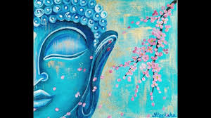 Black And White Acrylic Painting Buddha Surreal Blue Buddha With Cherry Blossoms Acrylic Painting Buddha Drawing Buddha Painting Canvas Canvas Painting Designs