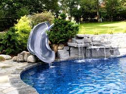Our 4 Ft Double Swimming Pool Waterfall Kit Looks Great Next To This Slide The Color Pattern Shown Here Pool Waterfall Swimming Pool Waterfall Rock Waterfall