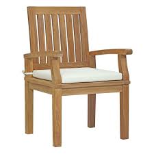 Modway Marina Patio Teak Outdoor Dining Chair In Natural With White Cushions Outdoor Dining Chairs Teak Dining Chairs Solid Wood Dining Chairs