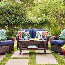 Allen Roth Mcaden Wicker Outdoor Loveseat With Cushion And Blue Steel Frame Lowes Com Blue Outdoor Furniture Conversation Set Patio Patio Furniture Sets