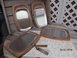 Set Of 4 Vpc Steak Fajita Sizzling Platters Stainless Steel Plates Wooden Trays Handle Brand New Stainless Steel Plate Wooden Tray Gadget Gifts