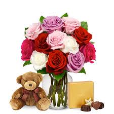 Vintage pattern with teddy bears and flowers. One Dozen Sweetheart Roses With Chocolates And Teddy Bear At Send Flowers