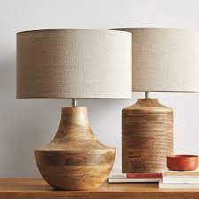 Solid Mango Wood Table Lamp Hand Carved With Rows Of Dimensional Grooves Natural Variations In The Wood Ma Table Lamp Wood Wood Lamps Table Lamps Living Room