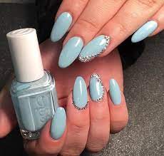 Light Blue Almond Nails With Swarovski Crystals Almond Nails Blue Almond Nails Light Blue Almond Nails