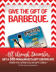 Delivered in a customized greeting card by email, mail, or printout. Christmas Gift Card Offer Penguin Ed S Bbq More