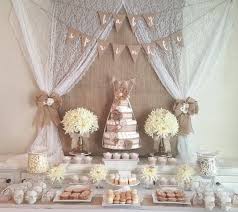 Burlap And Lace Baby Shower Sweet Bar With Diaper Cakes And Floral Arrangements Country Baby Shower Lace Baby Shower Rustic Baby Shower