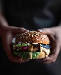 Vegetarian Burger From Mushrooms And Beans With Miso Sauce Pickled Radishes And Grill Dark Food Photography Food Photography Inspiration Vegetarian Burger