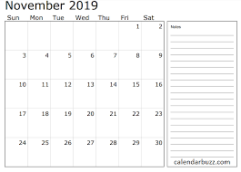 November 2019 Calendar With Notes Calendar Printables 2019 Calendar Calendar Notes