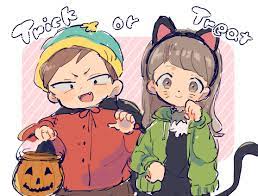 nojiko (natumag), eric cartman, heidi turner, south park, 1boy, 1girl,  animal ears, beanie, brown eyes, brown hair, cape, cat ears, coat, fangs,  halloween, halloween costume, hat, hood, hoodie, jack