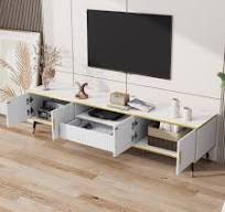 Móvel de TV para Sala 200x40x46 cm Branco - Efeito Mármore + 2 Portas + 1  Gaveta + Suporta 90 Polegadas