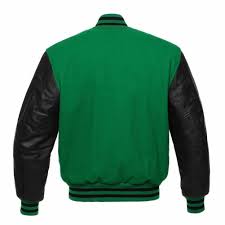Spine Spark Kelly Green Wool Varsity Jacket Black Leather Sleeves