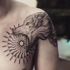 Mythology Sun And Wolf Tattoo Idea On Shoulder Wolf Tattoos Wolf Tattoo Shoulder Tattoos