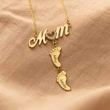 Personalized Inlay Mom Necklace With Baby Feet 18k Gold Plating Joyamo Jewelry