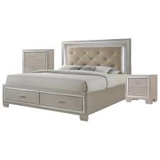 The mirror glass trim is consistent throughout the collection while the tufted headboard and chic champagne finish complement this group. Elements Platinum Queen 3 Piece Bedroom Group Royal Furniture Bedroom Groups