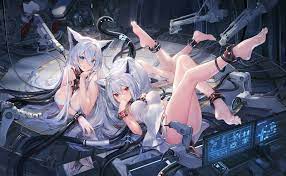 atdan, artery gear, artery gear: fusion, silver hair, character request,  chinese commentary, commentary request, corrupted metadata, 2girls, anklet,  bare legs, bare shoulders, barefoot, between breasts, blue eyes, blush,  breasts, convenient censoring ...
