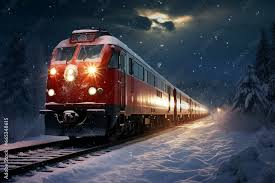 Poster, Foto A snowbound train with a flashlight speeds through the winter  landscape, Aiden