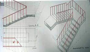 الرسم والاظهار المعماري arch drawing representation لوحة10 رسم واظهار درج بشاحطين u stairs في الاسقاطات العمودية والاكسنومت stairs architecture decor