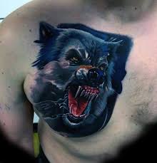 Looking to fill up your tattoo sleeve? Neo Traditioneller Stil Detailliertes Prazis Gemaltes Brust Tattoo Mit Bosem Damonischem Wolf Tattooimages Biz