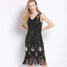 Faite de tissu noir, des sequins sont présents sur le haut et le bas de la robe. Robe Longue De Fete Pour Femmes Style Gatsby Charleston A Franges Style Orne De Perles Style Art Deco Col En V Sans Manches Annees 1920 Aliexpress