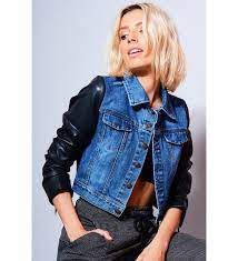 Lovemystyle Cropped Denim Jacket With Faux Leather Sleeves Cropped Denim Leather Sleeve Denim Jacket