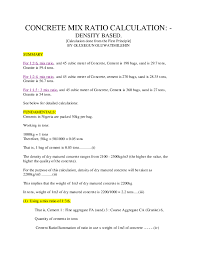 For an area of 42 feet by 50 feet, you will need 2334 10 pound bags for every inch of thickness. Pdf Concrete Mix Ratio Calculation Density Based Olusegun Oluwatimilehin Academia Edu