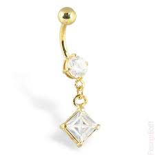 Gold Tone Navel Ring With Dangling Diamond Shaped Stone Body Piercings Jewelry