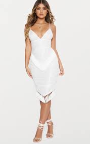 White Lace Tassel Trim Plunge Midi Dress Prettylittlething Plunge Midi Dress Cocktail Attire Midi Dress