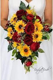 (above ) cascading bridal bouquet. Cascading Fall Wedding Bouquet In Burgundy And Sunflowers Weddingflowers Sunflower Themed Wedding Sunflower Wedding Bouquet Cascading Wedding Bouquets