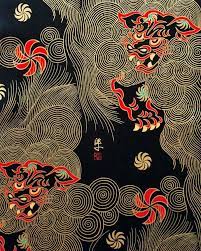 Golden Shishi Black Oriental Cotton Fabric By Alexander Henry Chinese Art Japanese Art Art
