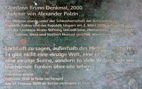 Februar 1600 in rom) war ein italienischer priester, dichter, philosoph und astronom.er wurde durch die inquisition der ketzerei und magie für schuldig befunden und vom gouverneur von rom zum tod auf dem scheiterhaufen verurteilt. Datei Gedenktafel Potsdamer Platz Tierg Giordano Bruno Alexander Polzin Jpg Wikipedia