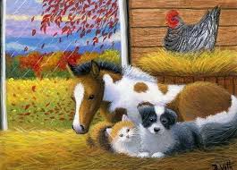 Kitten Cat Puppy Dog Foal Horse Chicken Barn Autumn Original Aceo Painting Art Autumn Animals Painting Art