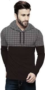 Tripr Checkered Men Hooded Neck Black Grey T Shirt