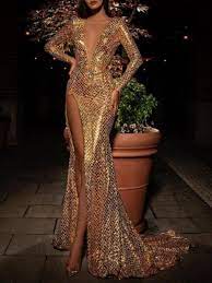 Golden Sequin Snake Skin Print Deep V Neck Long Sleeve Mermaid Glitter Sparkly Party Prom Nye Maxi Dress Award Show Dresses Evening Dresses Evening Dress Fashion