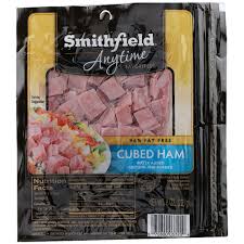 Scrub the ham well with a stiff brush under running water, position it on a rack in a large baking pan, add the water, cover, and bake . Smithfield Anytime Favorites Cubed Ham 8 Oz Kroger
