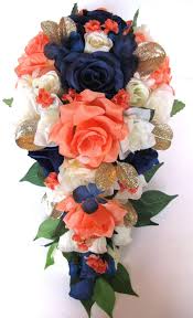 Wedding Bouquet Package Bridal Bouquet 17 Piece Silk Flower Coral Navy Blue Gold Ebay Silk Flowers Wedding Coral Bouquet Wedding Wedding Bouquets Sets