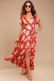 Heart Of Marigold Rust Red Floral Print Wrap Maxi Dress Maxi Wrap Dress Maxi Dress Maxi Dress With Sleeves