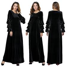 Womens Velvet Beaded Flare Sleeve Long Maxi Dress Muslim Kaftan Abaya Islam Robe Dresses Maxi Dress Cocktail Long Maxi Dress