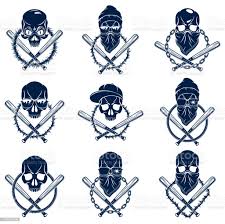 Vetores De Emblema Ou Tatuagem Do Gangster Com Os Bastoes De Beisebol Agressivos Do Cranio E Outros Elementos Do Projeto Jogo Do Vetor Estilo Criminal Do Vintage Do Gueto Anarchy Do Gangster
