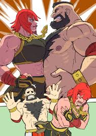 urasato, marisa (street fighter), zangief, street fighter, street fighter 6,  highres, 1boy, 1girl, abs, beard, biceps, black gloves, black sports bra,  chain, chain necklace, chest hair, comic, facial hair, fingerless gloves,  gloves,