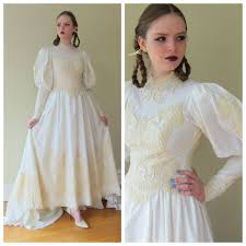 Lace Bishop Sleeve Wedding Dress Vintage 1980s Bridal Gown White Satin Ivory Lace Beads Huge Bishop Sleeves 80s Does Edwardian Bead Country Wedding Dresses Edwardian Bridal 1980s Wedding Dress