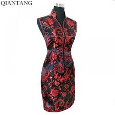 Black Red Traditional Chinese Dress Mujer Vestido Womens Satin V Neck Cheongsam Mini Qipao Flower Size S M L Xl Traditional Chinese Dress Chinese Dress Dresses