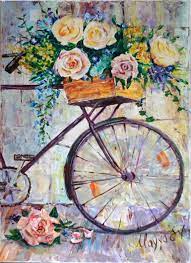 Watercolor trees and bicycle painting hand painted. Bike With Flowers Painting By Mayya Sultan Saatchi Art