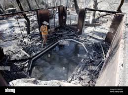 Avianna Veneto, an employee of Lew Johnson, surveys the hot tub in which  two men and a dog took refuge as flames from Station wildfire overran the  area, as they returns to