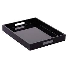 Handmade trays in traditional high gloss lacquer. Rectangular Handles Black Lacquered Serving Tray